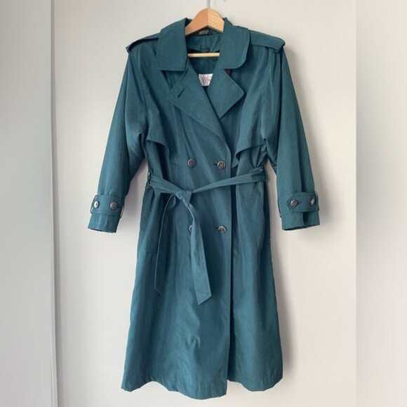 SOLD Vintage 80s 90s Oversized Lined Teal Trench Coat Size 9/10 Petite - Picture 2 of 13